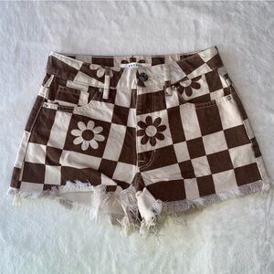 PacSun Shorts High Rise Festival Brown and Tan Checkered flowers Cut off Size 23